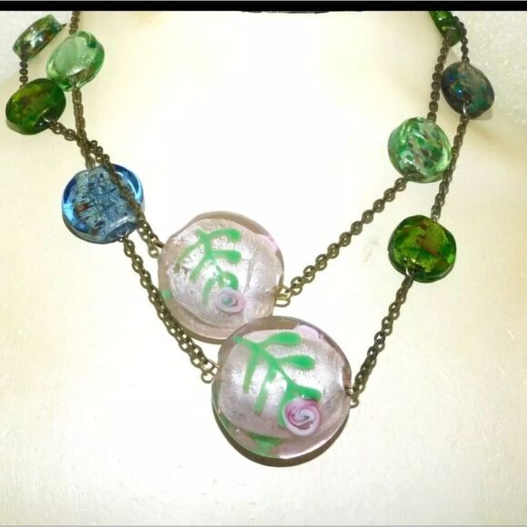 VINTAGE 28" GOLD TONE CHUNKY LAMPWORK ART GLASS CHAIN NECKLACE - Picture 1 of 5